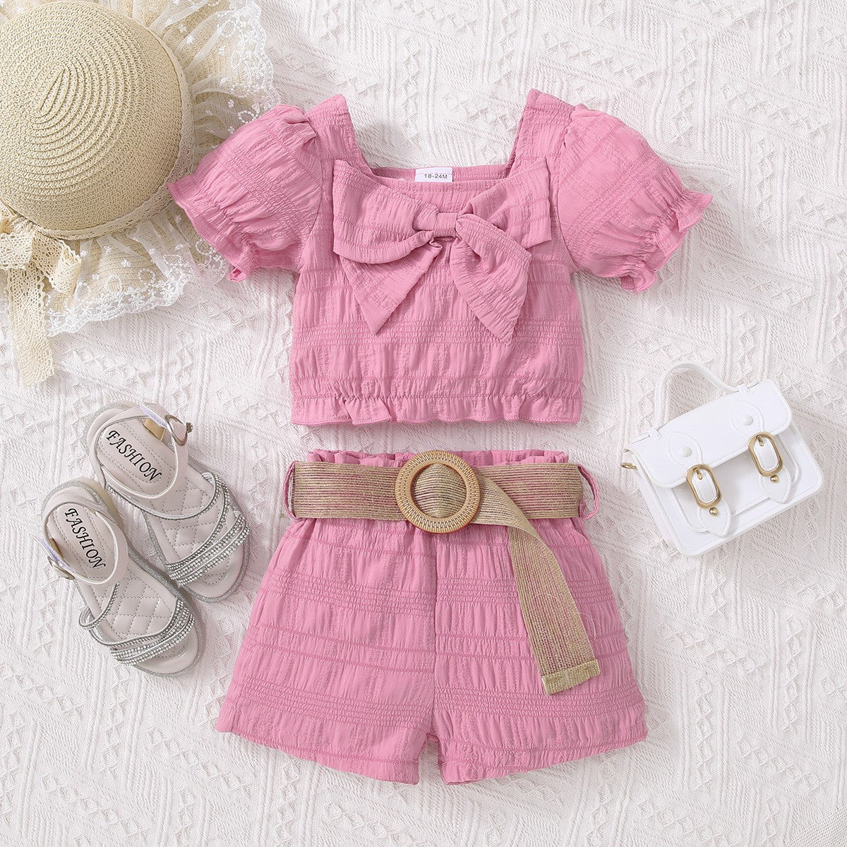 Kids Textured Bow Detail Top and Belted Shorts Set