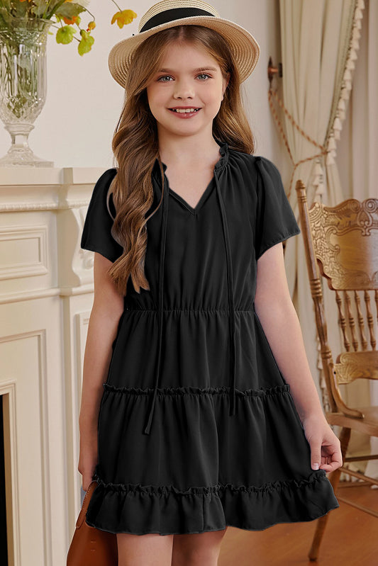 Girls Frilled Notched Neck Puff Sleeve Dress